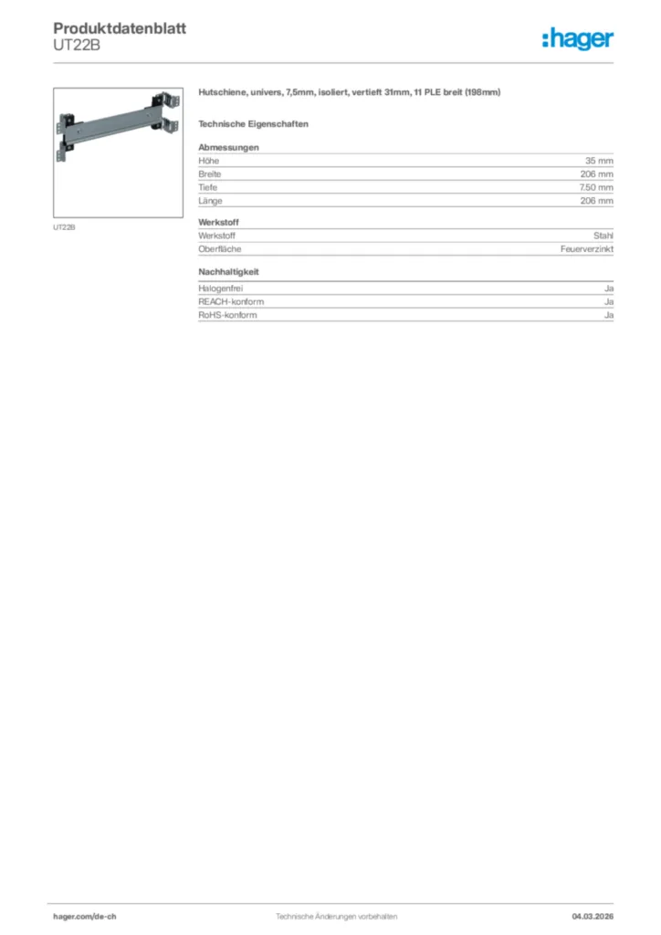 Bild Hager Produktdatenblatt UT22B | Hager Schweiz