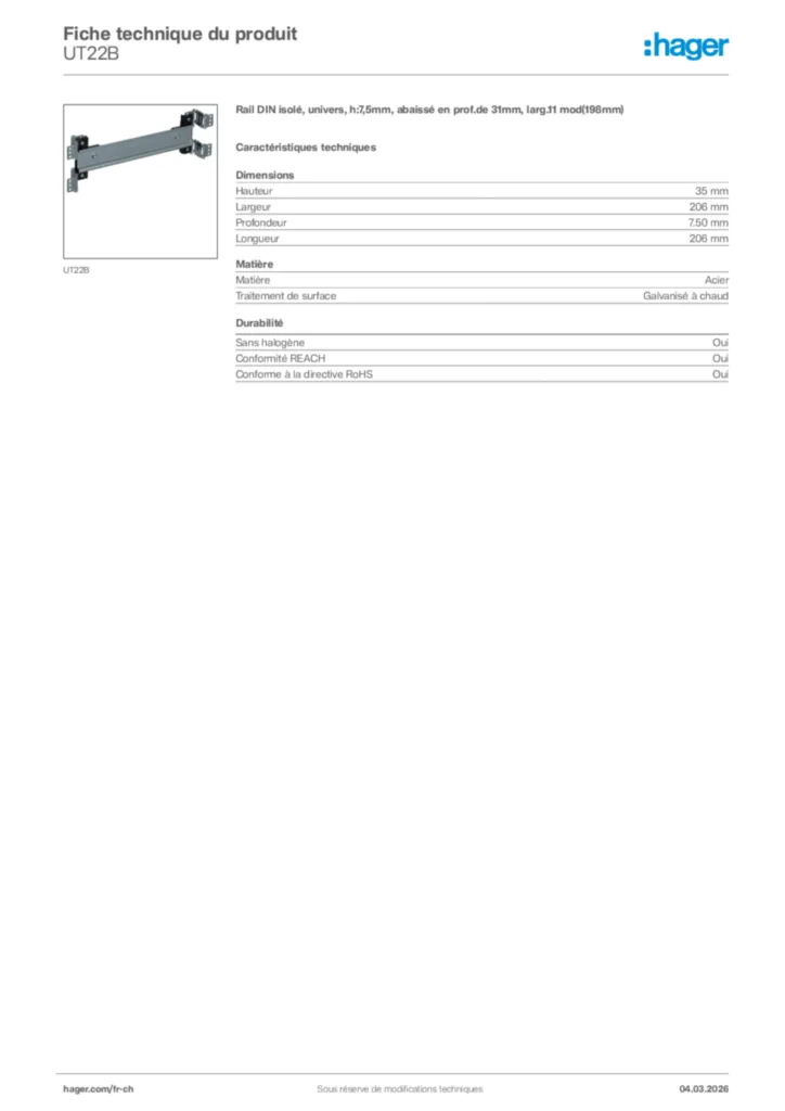 Image Hager Fiche technique du produit UT22B | Hager Suisse