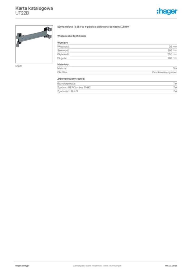 Zdjęcie Hager Karta katalogowa UT22B | Hager Polska