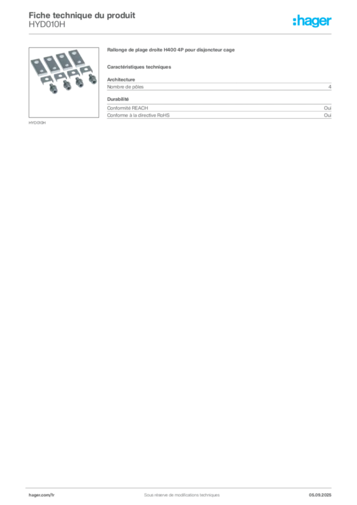 Image Hager Fiche technique du produit HYD010H | Hager France