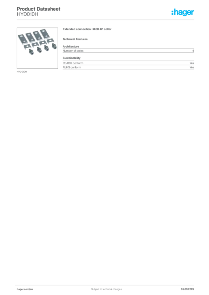 Image Hager Product data sheet HYD010H  | Hager Australia