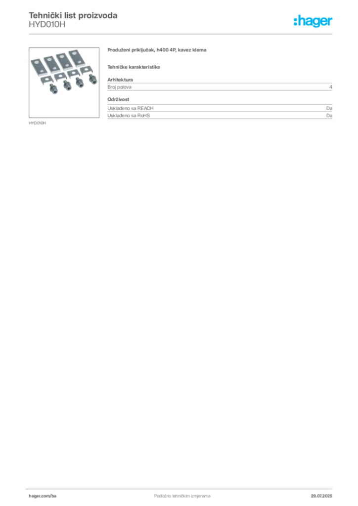 Slika Hager Product data sheet HYD010H  | Hager
