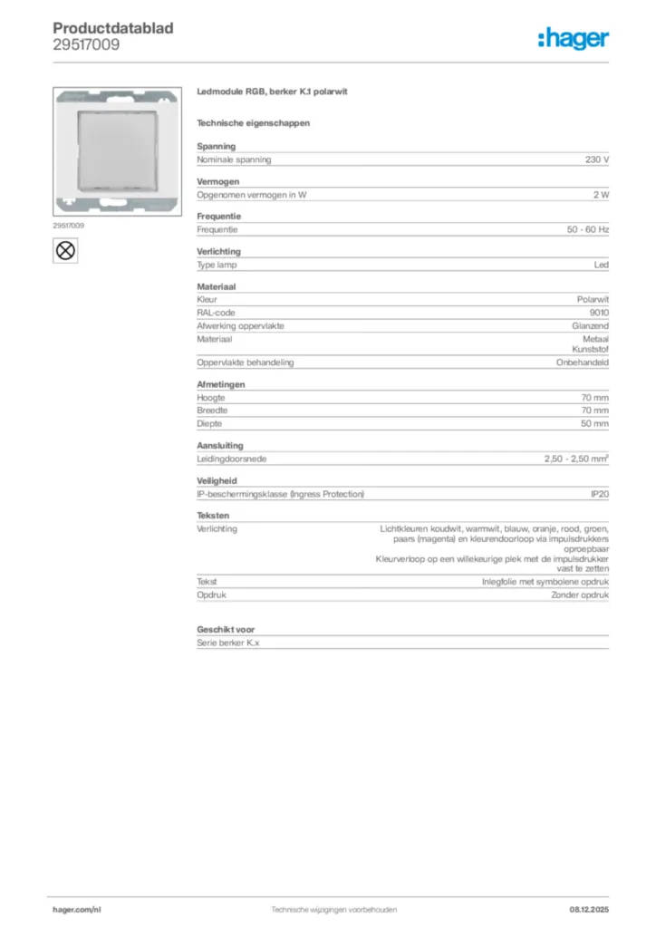 Afbeelding Hager Productdatablad 29517009 | Hager Nederland