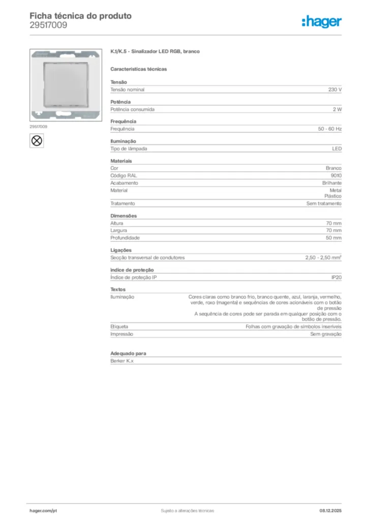Imagem Hager Ficha técnica do produto 29517009 | Hager Portugal
