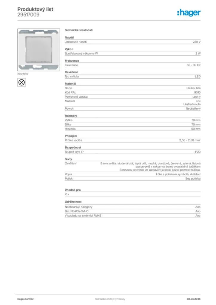 Obrázek Hager Product data sheet 29517009 | Hager