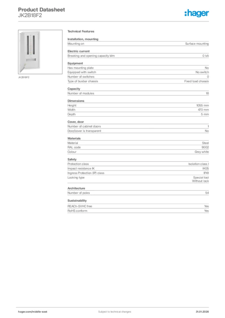 Image Hager Product data sheet JK2B18F2  | Hager