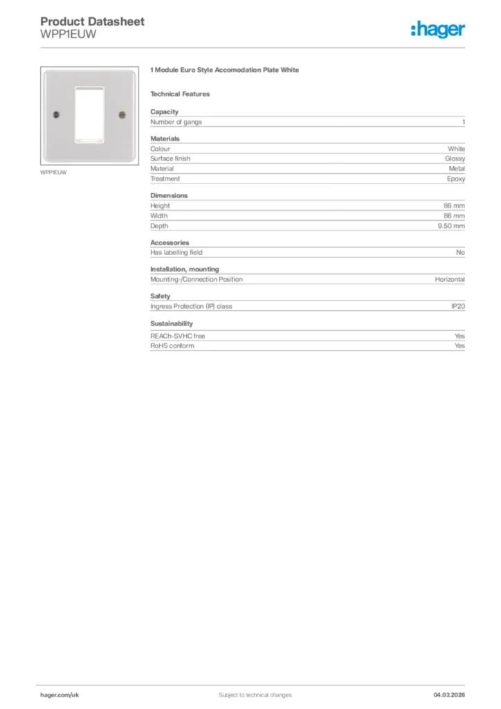 Image Hager Product data sheet WPP1EUW  | Hager