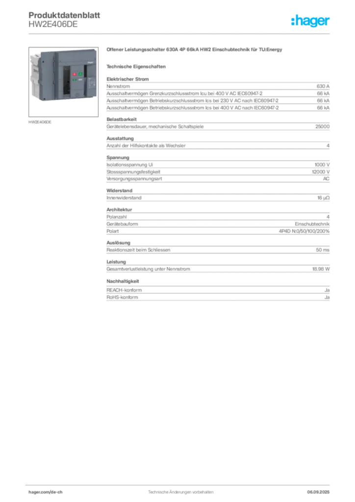Bild Hager Produktdatenblatt HW2E406DE | Hager Schweiz