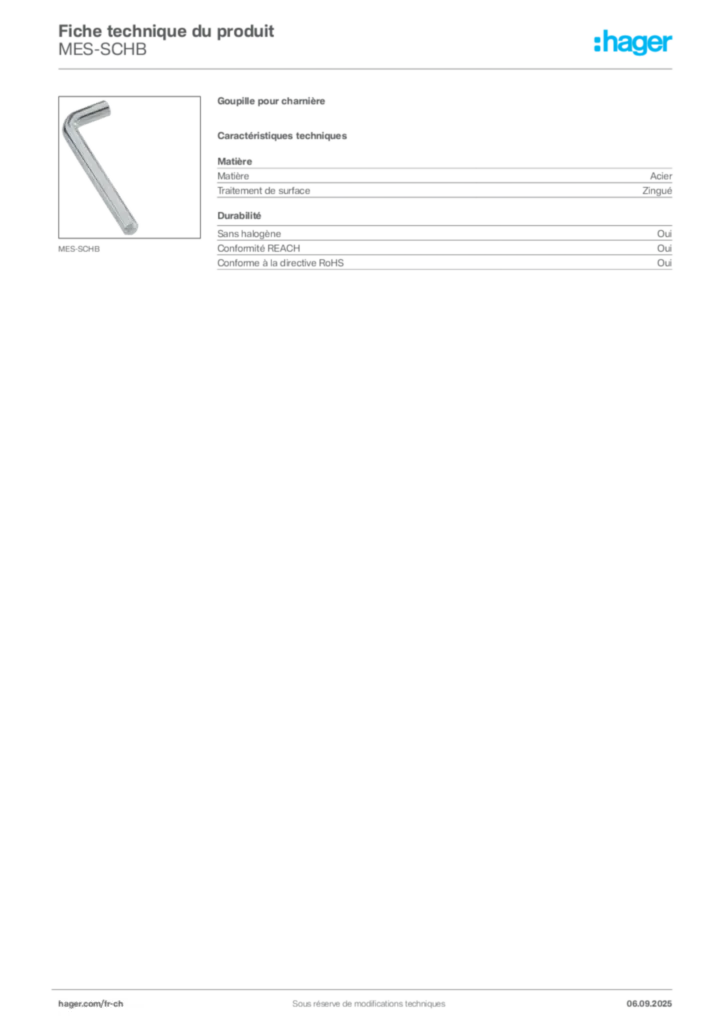 Image Hager Fiche technique du produit MES-SCHB | Hager Suisse