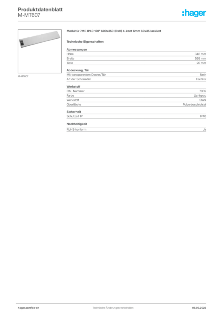 Bild Hager Produktdatenblatt M-MT607 | Hager Schweiz