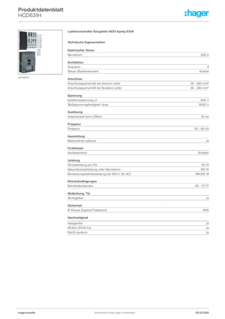 Bild Hager Produktdatenblatt HCD631H | Hager Deutschland