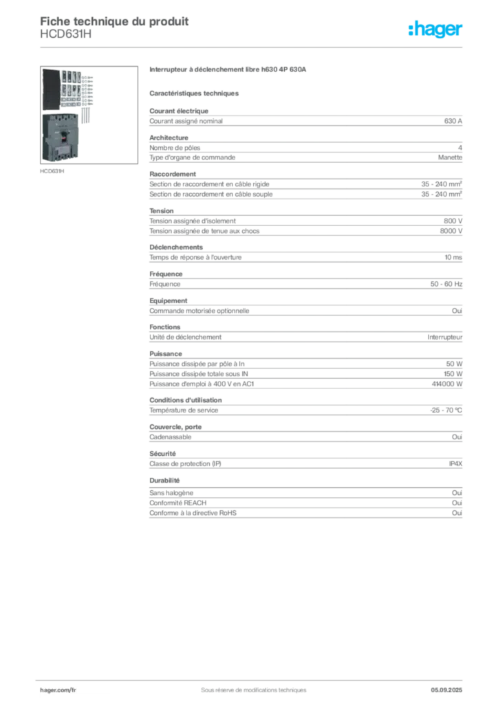 Image Hager Fiche technique du produit HCD631H | Hager France