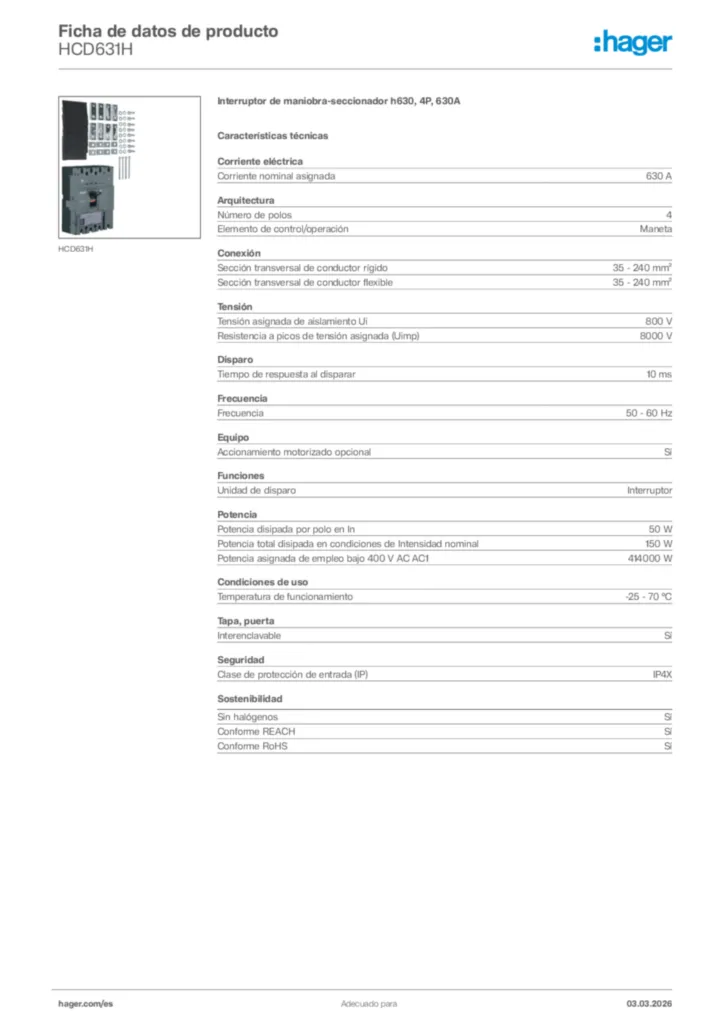 Imagen Hager Ficha de datos de producto HCD631H | Hager España