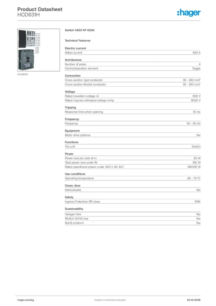 Image Hager Product data sheet HCD631H  | Hager