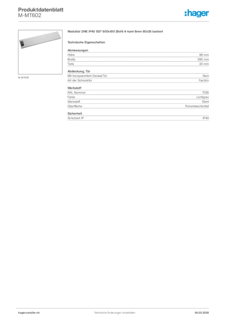 Bild Hager Produktdatenblatt M-MT602 | Hager Schweiz