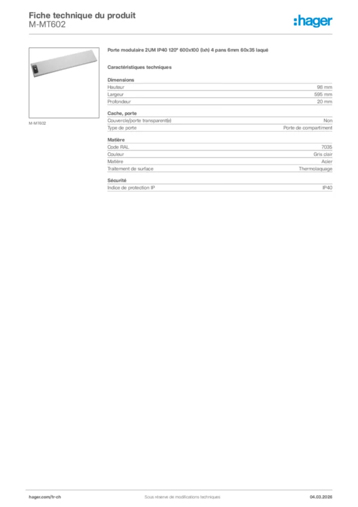 Image Hager Fiche technique du produit M-MT602 | Hager Suisse
