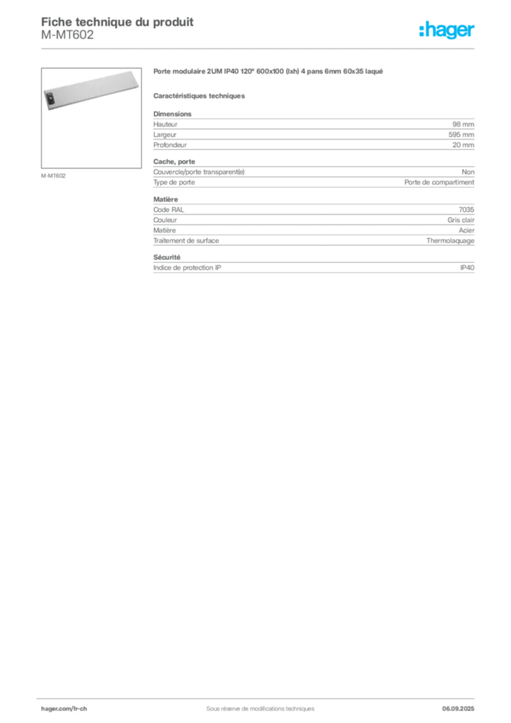 Image Hager Fiche technique du produit M-MT602 | Hager Suisse
