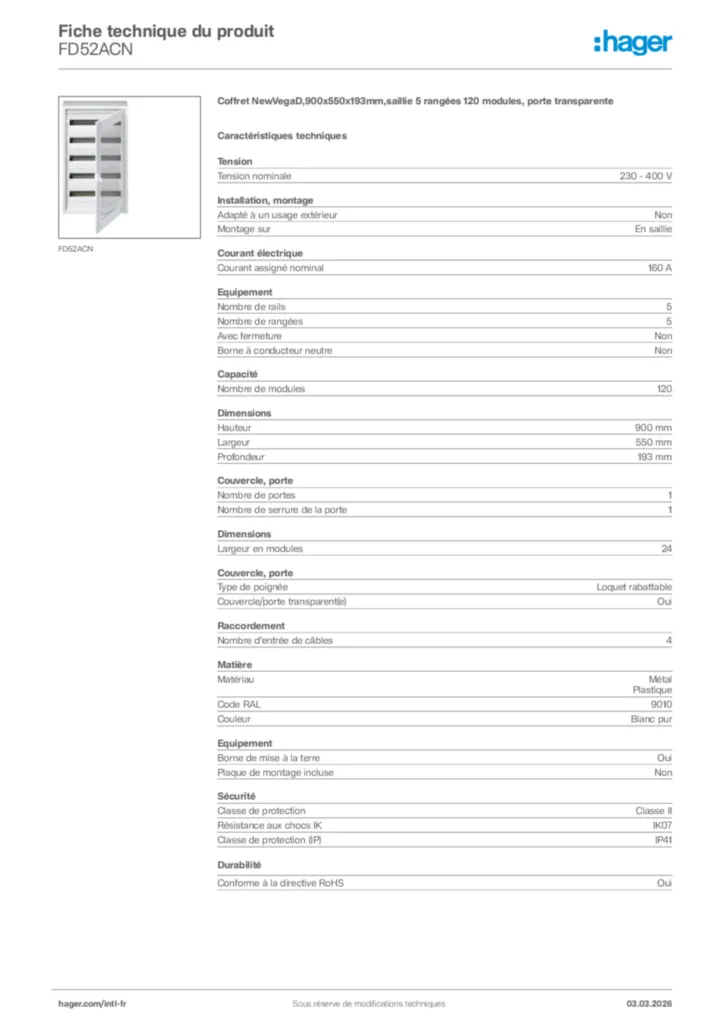 Image Hager Fiche technique du produit FD52ACN | Hager Afrique