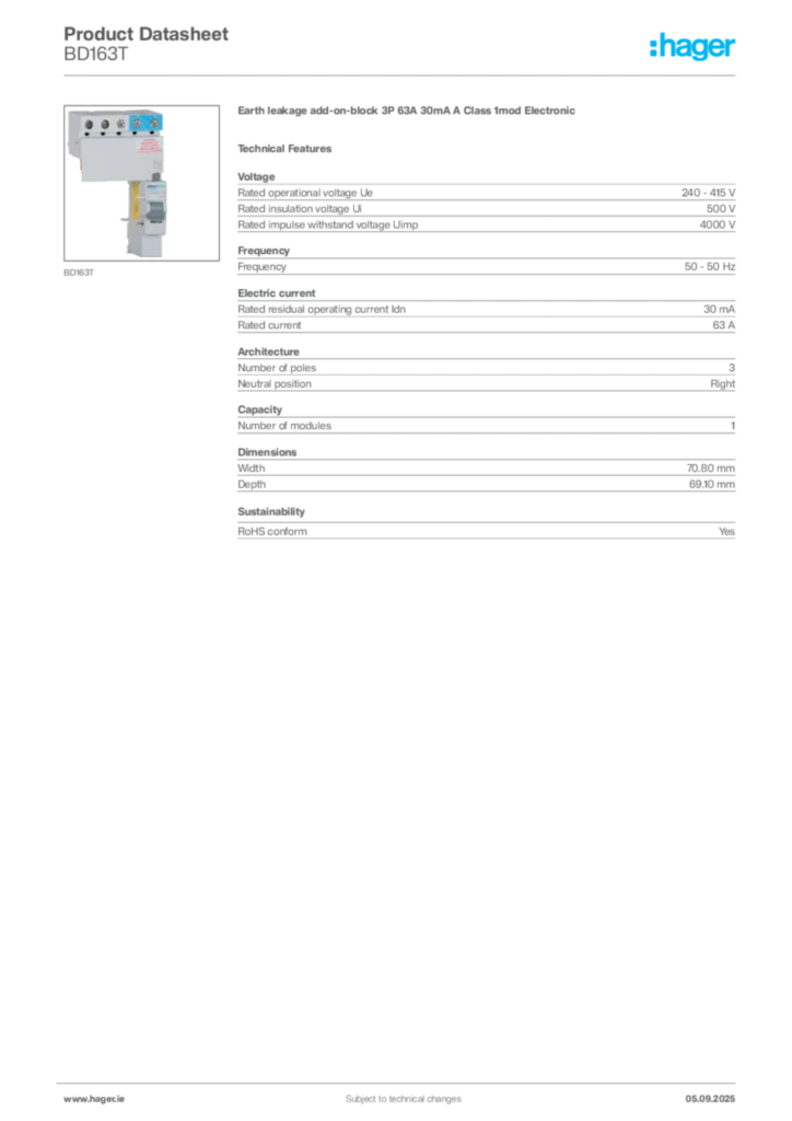 Image Hager Product data sheet BD163T  | Hager