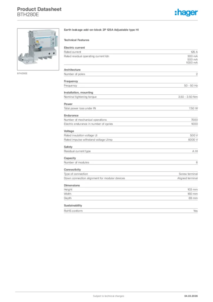 Image Hager Product data sheet BTH280E  | Hager Africa