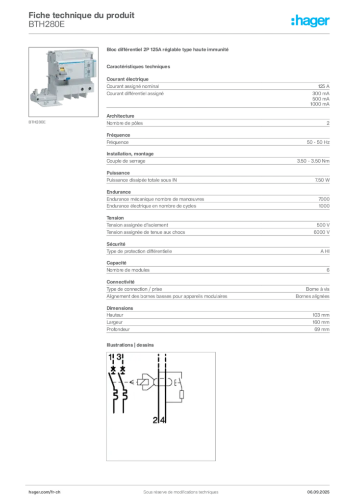 Image Hager Fiche technique du produit BTH280E | Hager Suisse