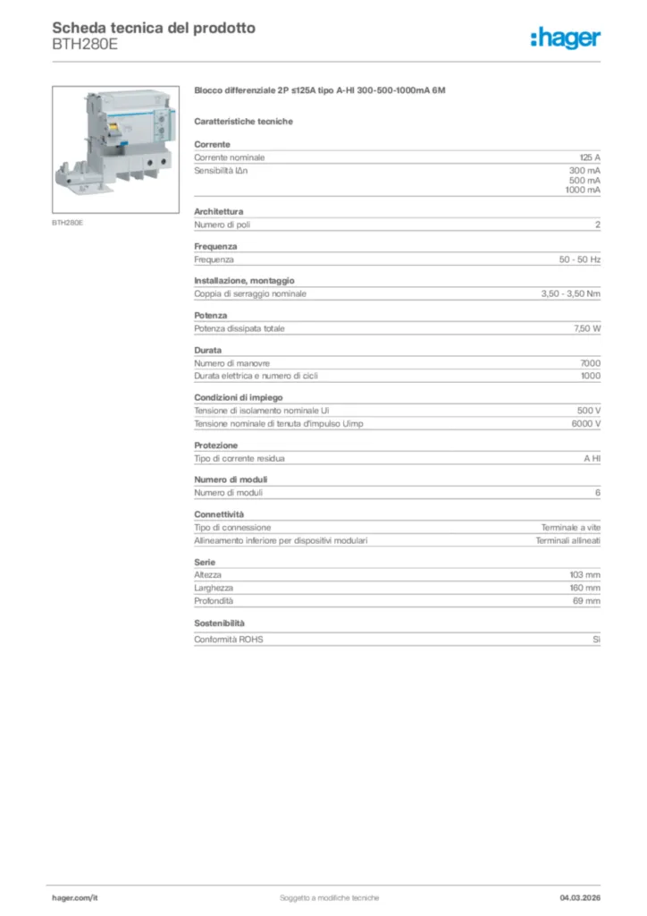 Immagine Hager Scheda tecnica del prodotto BTH280E | Hager Italia