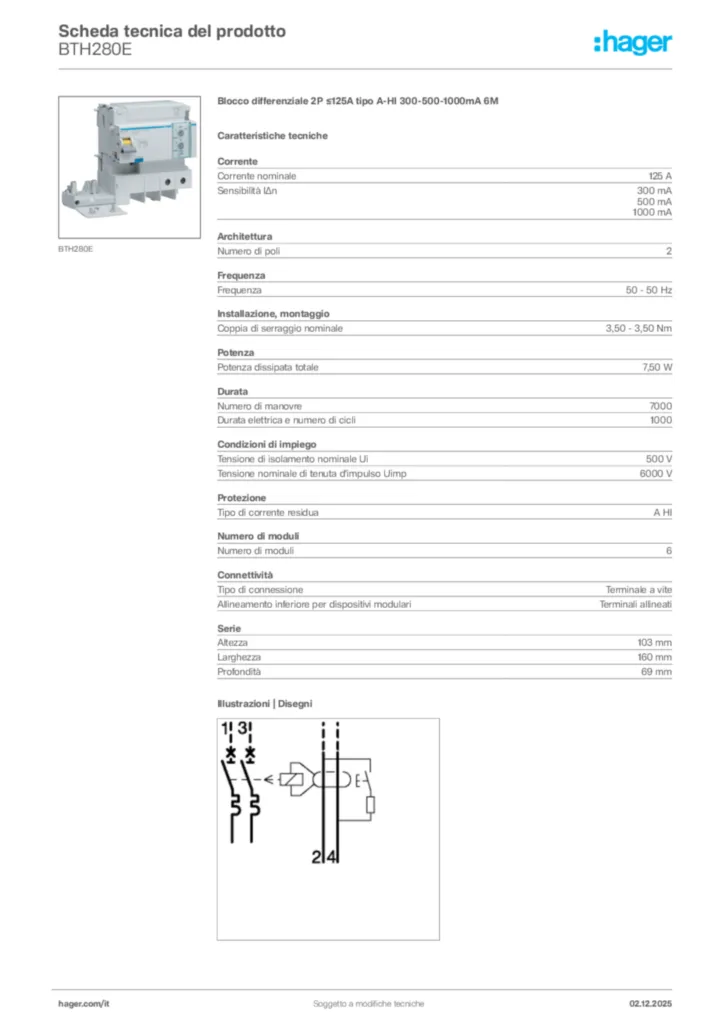Immagine Hager Scheda tecnica del prodotto BTH280E | Hager Italia