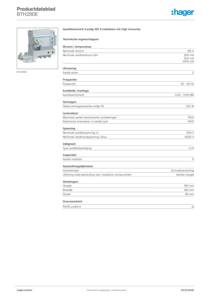 Afbeelding Hager Productdatablad BTH280E | Hager Nederland