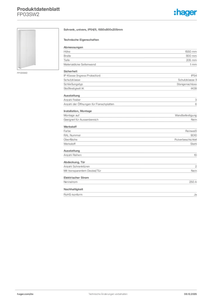Bild Hager Produktdatenblatt FP03SW2 | Hager Deutschland