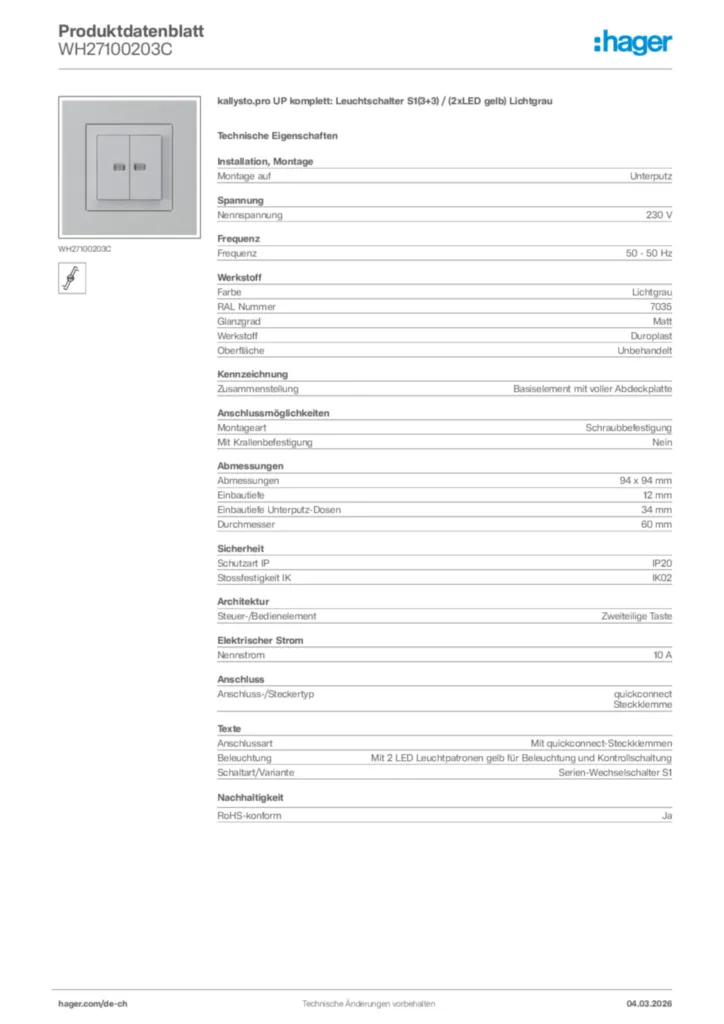 Bild Hager Produktdatenblatt WH27100203C | Hager Schweiz