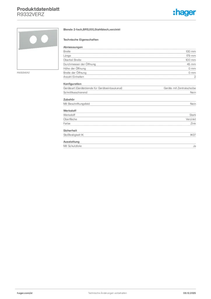 Bild Hager Produktdatenblatt R9332VERZ | Hager Deutschland