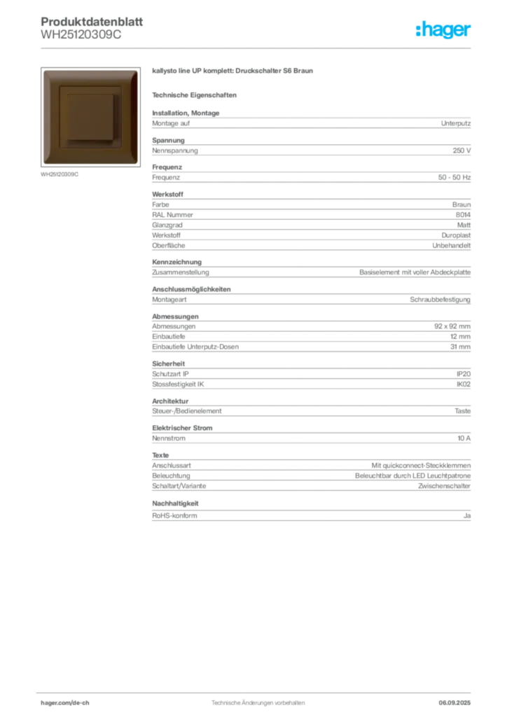 Bild Hager Produktdatenblatt WH25120309C | Hager Schweiz