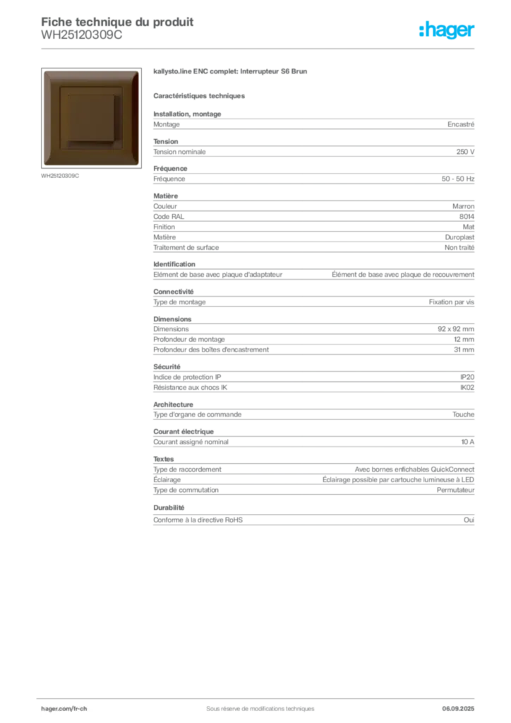 Image Hager Fiche technique du produit WH25120309C | Hager Suisse