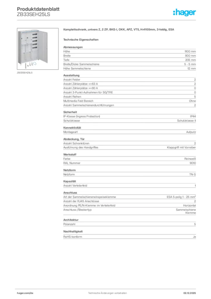 Bild Hager Produktdatenblatt ZB33SEH25LS | Hager Deutschland
