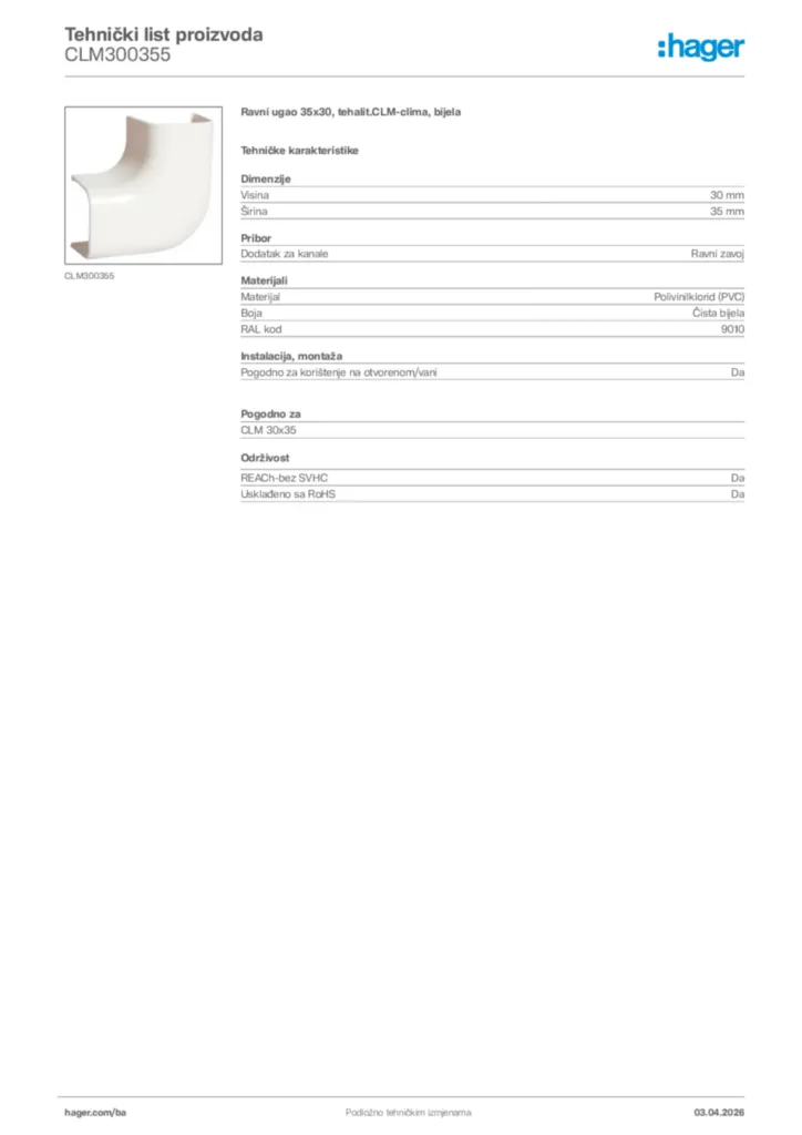 Slika Hager Tehnički list proizvoda CLM300355  | Hager