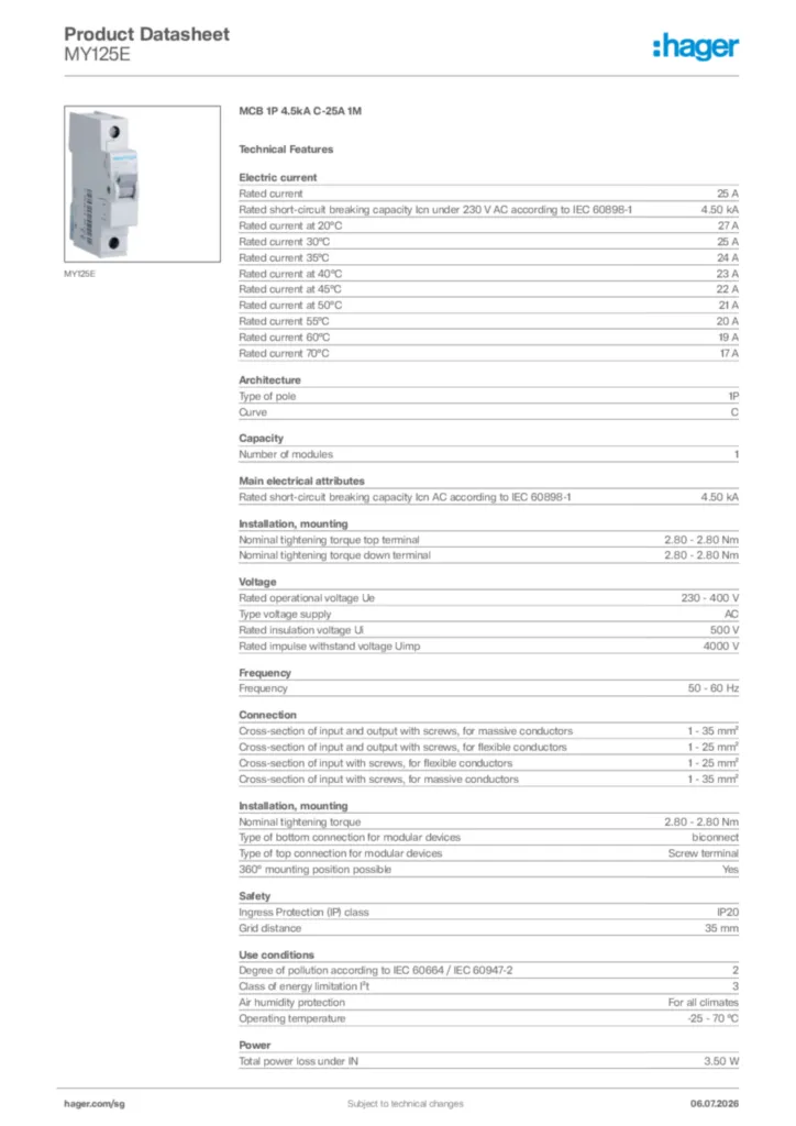 Image Hager Product data sheet MY125E  | Hager