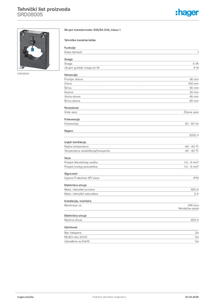Slika Hager Tehnički list proizvoda SRD08005  | Hager