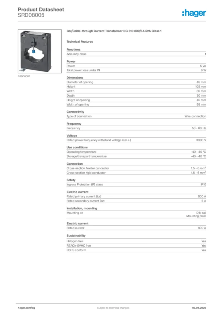 Image Hager Product data sheet SRD08005  | Hager