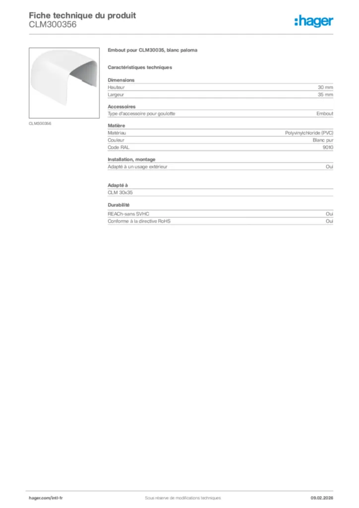 Image Hager Fiche technique du produit CLM300356 | Hager Afrique