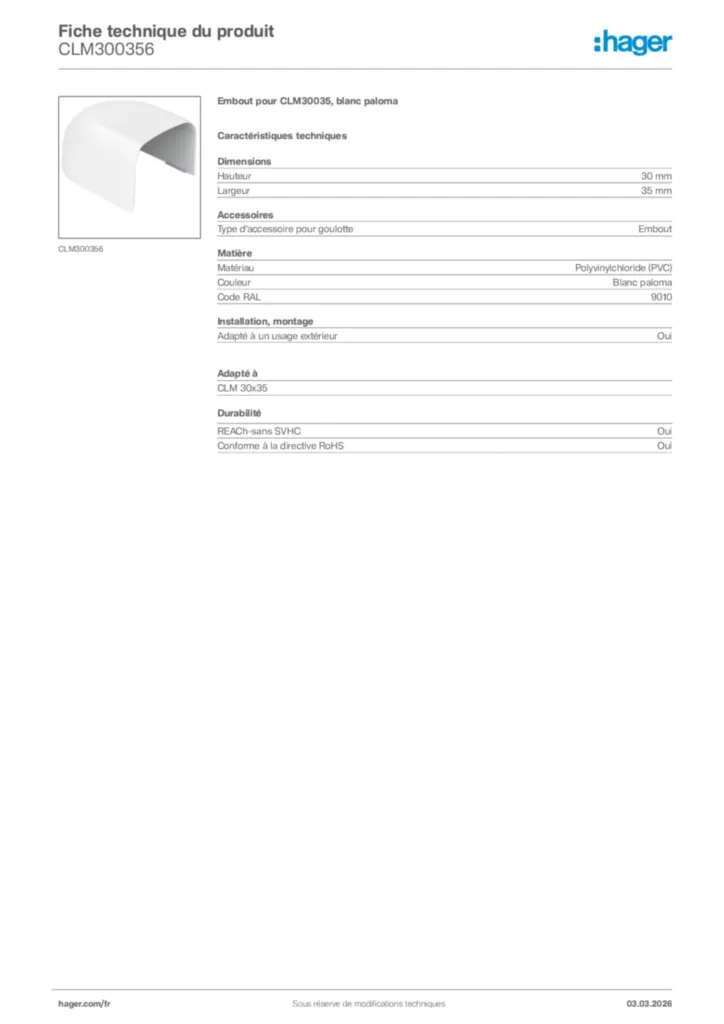 Image Hager Fiche technique du produit CLM300356 | Hager France