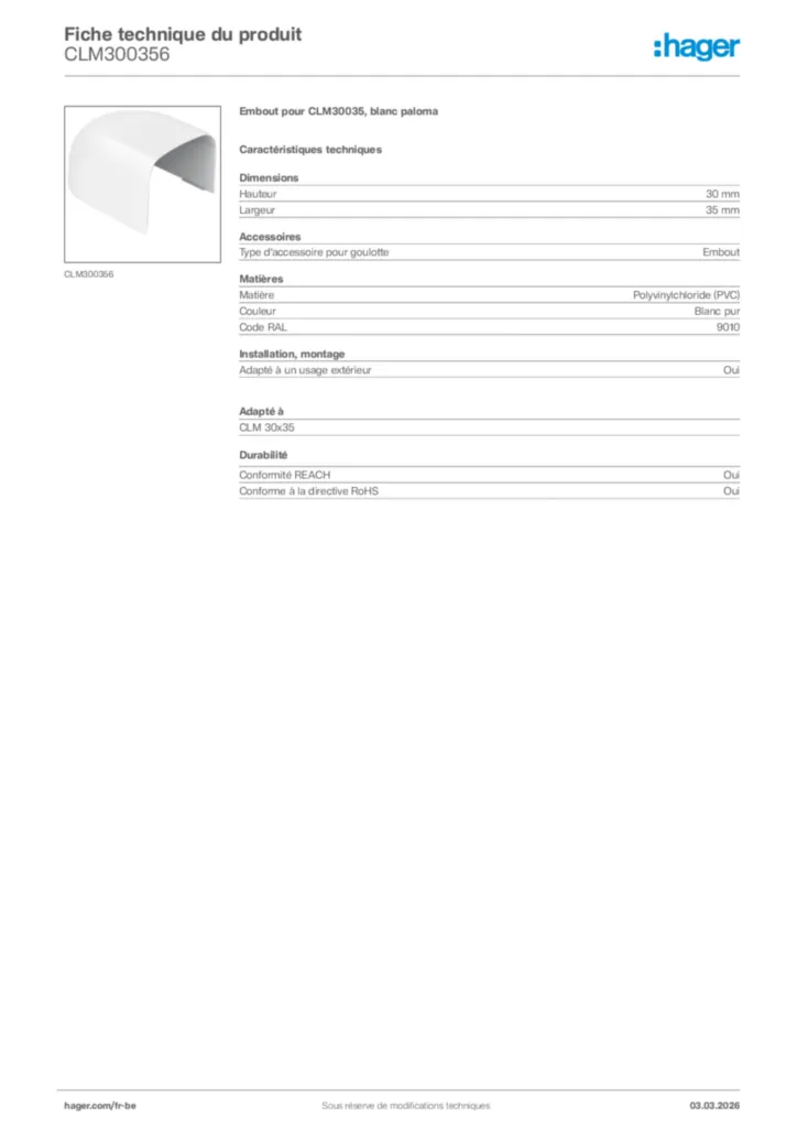 Image Hager Fiche technique du produit CLM300356 | Hager Belgique