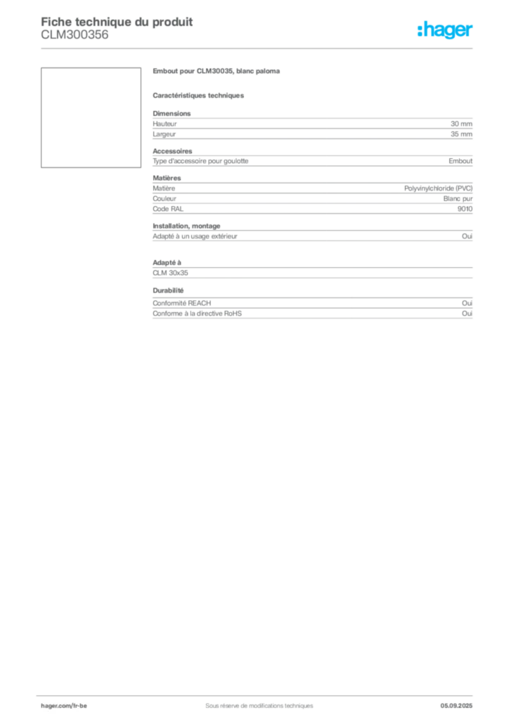 Image Hager Fiche technique du produit CLM300356 | Hager Belgique