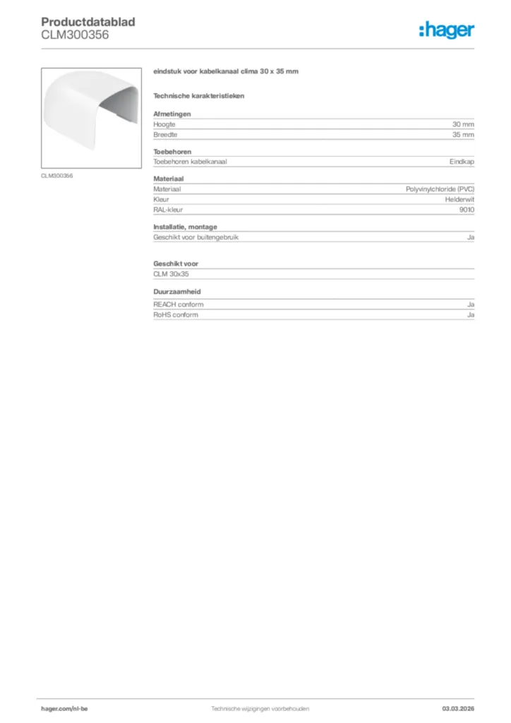 Afbeelding Hager Productdatablad CLM300356 | Hager Belgium
