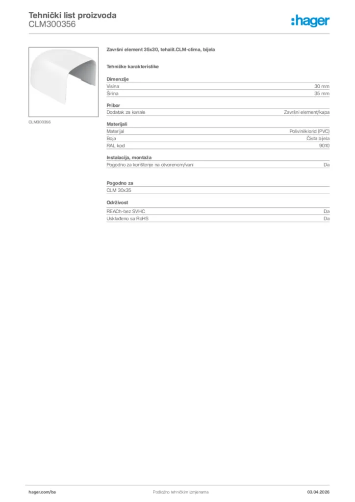 Slika Hager Tehnički list proizvoda CLM300356  | Hager