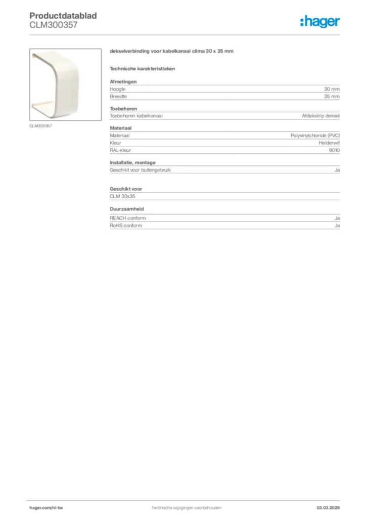 Afbeelding Hager Productdatablad CLM300357 | Hager Belgium