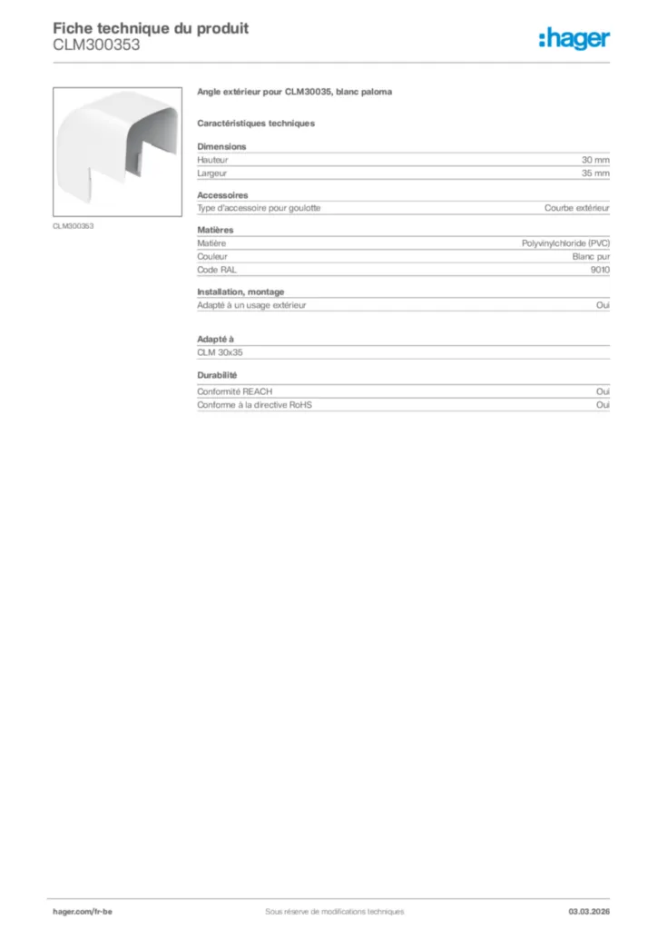 Image Hager Fiche technique du produit CLM300353 | Hager Belgique