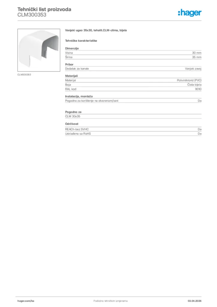 Slika Hager Tehnički list proizvoda CLM300353  | Hager