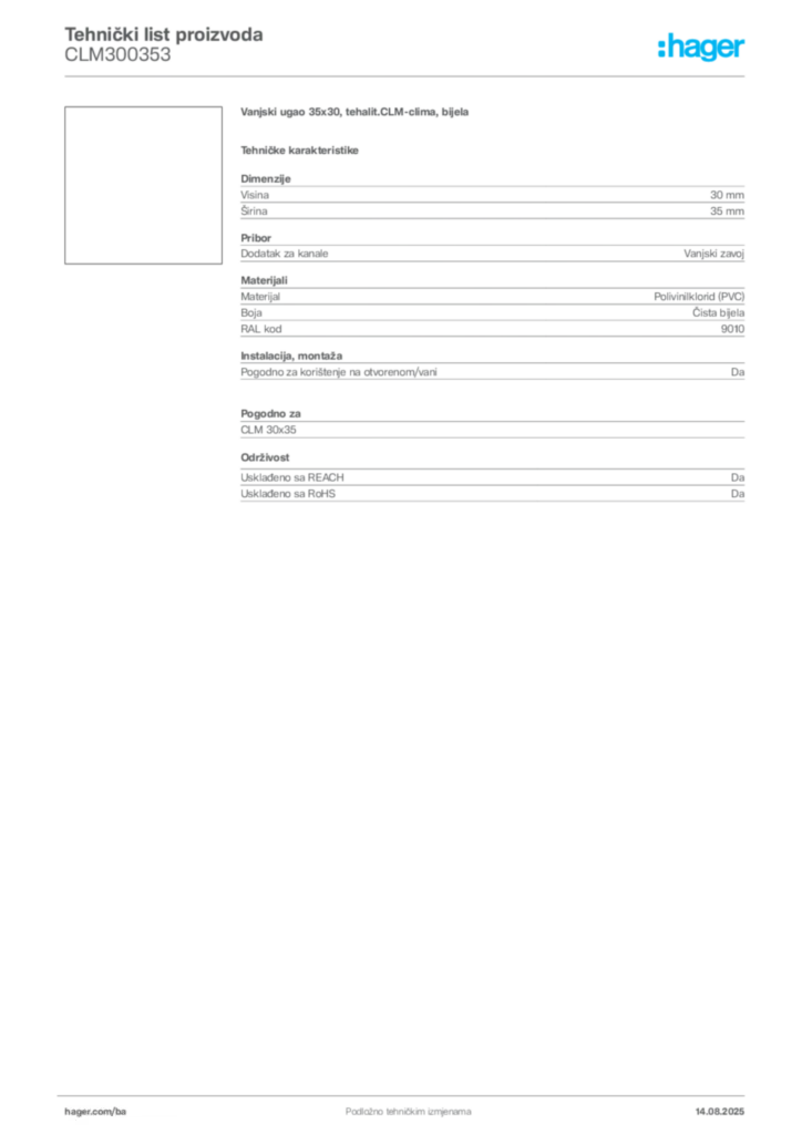 Slika Hager Product data sheet CLM300353  | Hager