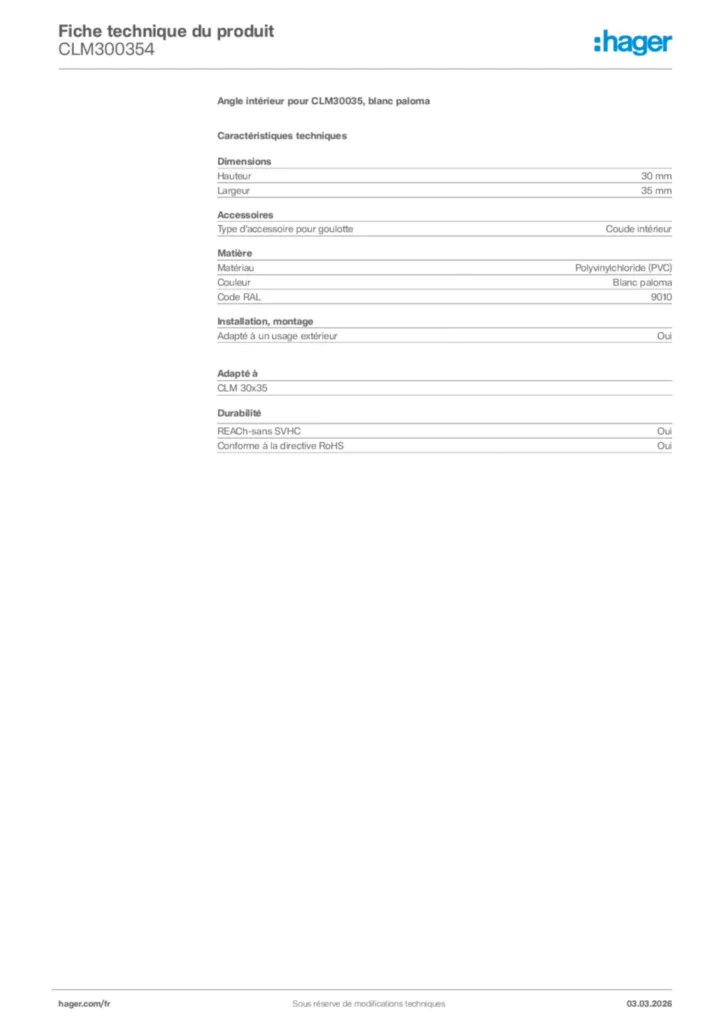 Image Hager Fiche technique du produit CLM300354 | Hager France
