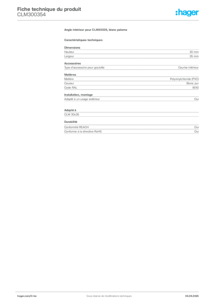 Image Hager Fiche technique du produit CLM300354 | Hager Belgique